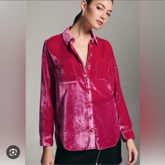 Anthropologie Pilcro Hadley Relaxed Velvet Button Down Top Hot Pink Size 2 - Picture 2 of 9